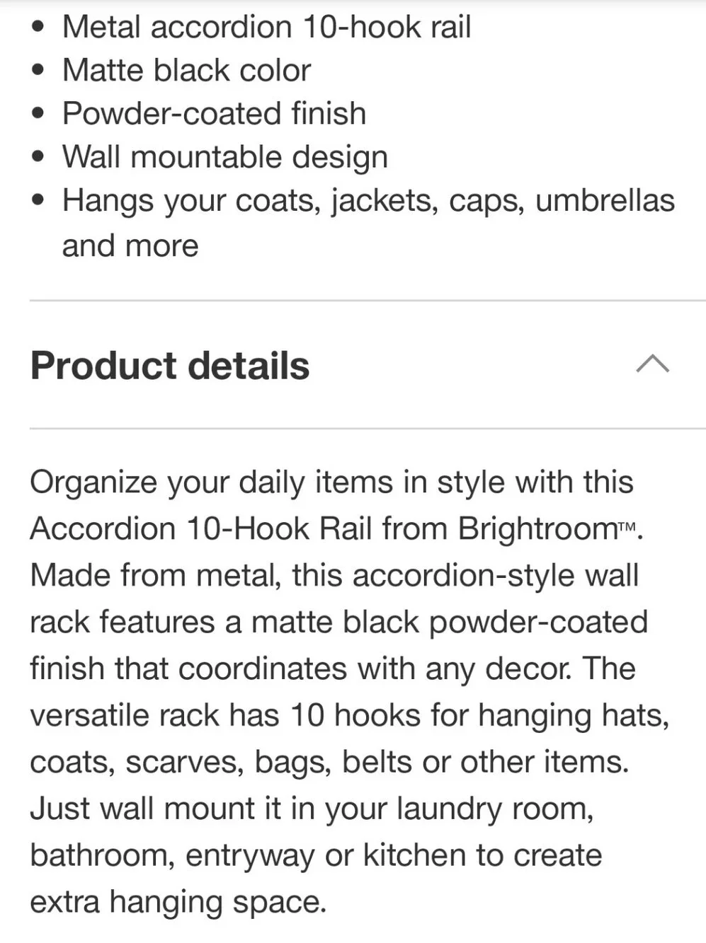 Brightroom Accordion Wall Mounted Aluminum 10-Hooks Hat & Coat Rack- Matte Black